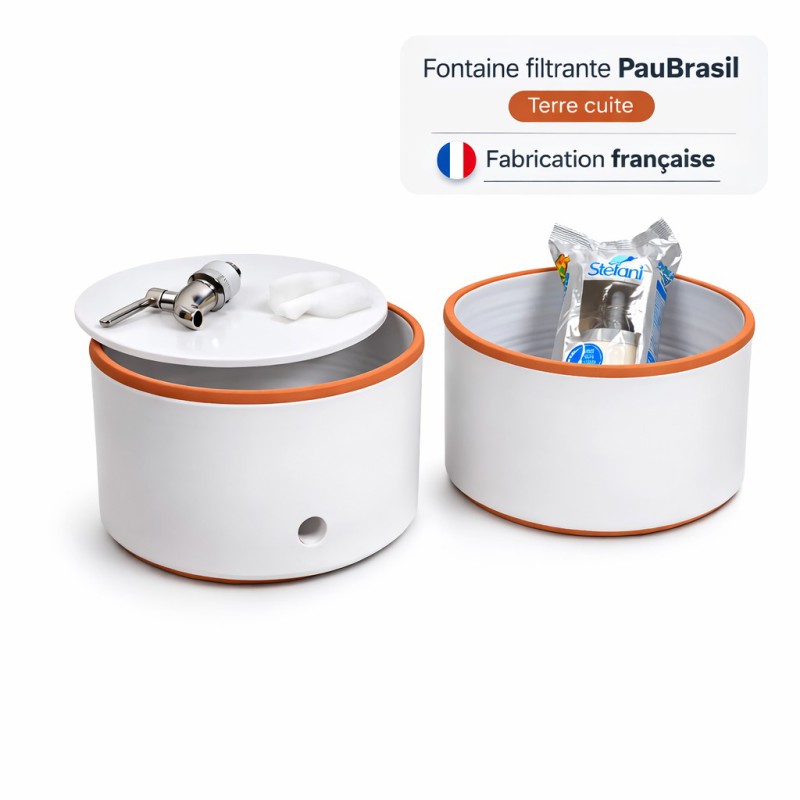 Filtre à eau PAUBRASIL® 5L en terre cuite émaillée blanche – Fontaine filtrante artisanale française